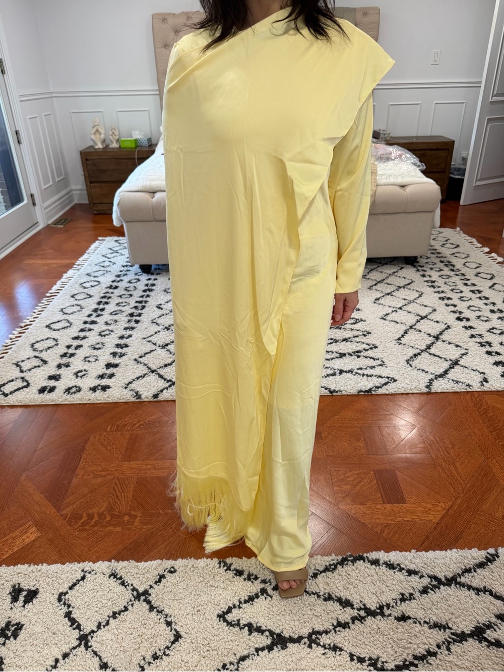 SHEIN Pale Yellow One-Shoulder Maxi Dress with Fringe